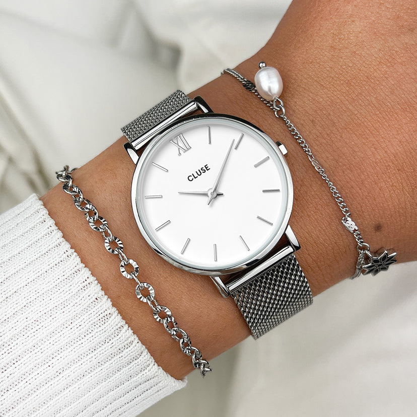 CLUSE - Minuit Mesh White, Silver Colour Watch